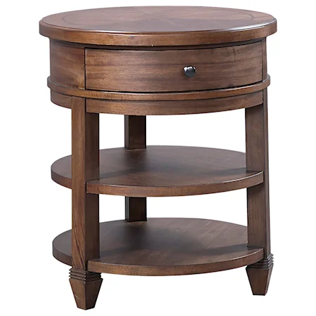 Transitional Round Table Nightstand with Two Shelves and One Drawer